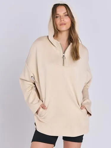 ANRABESS Womens Oversized Hoodie Quarter Zip Sweatshirts 2024 Fall Tunic Pullover Top Winter Trendy Teen Girls Preppy Clothes White Medium