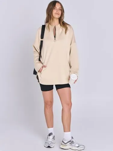 ANRABESS Womens Oversized Hoodie Quarter Zip Sweatshirts 2024 Fall Tunic Pullover Top Winter Trendy Teen Girls Preppy Clothes White Medium