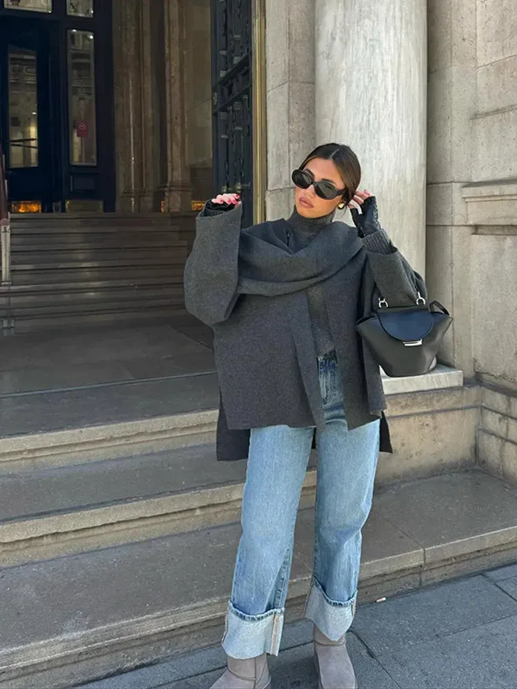 Chicmy-Slanted Shoulder Scarf Collar Woolen Jacket Women Long Sleeves Front Opening Soft Warm Coat Autumn Winter Lady Street Overcoat