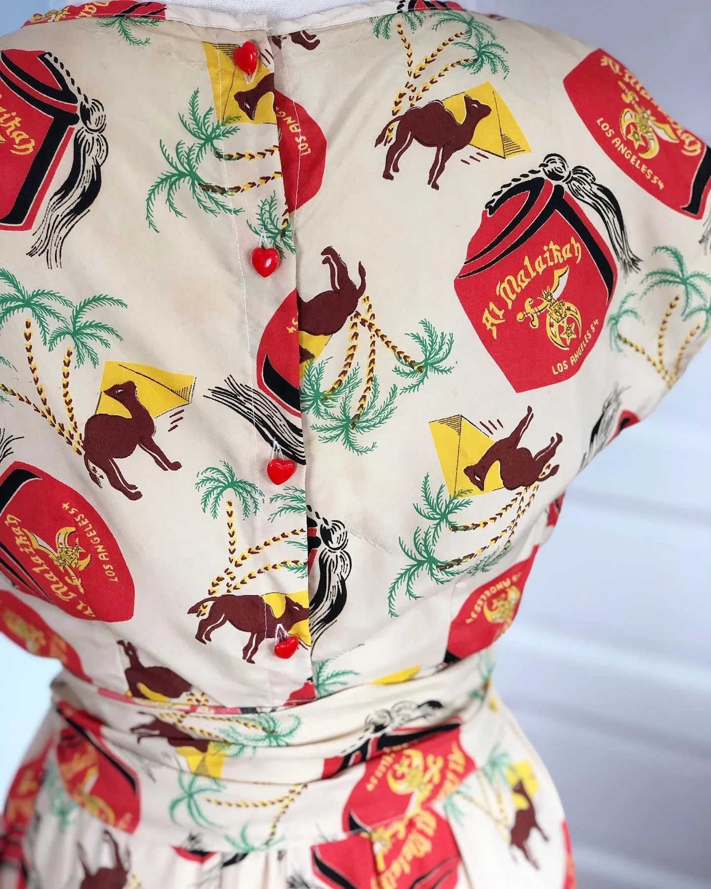 Custom Made 3 Piece Cocktail Ensemble in 1950s "Al Malaikah Temple of Los Angeles" Shriners Novelty Print Cold Rayon Fabric