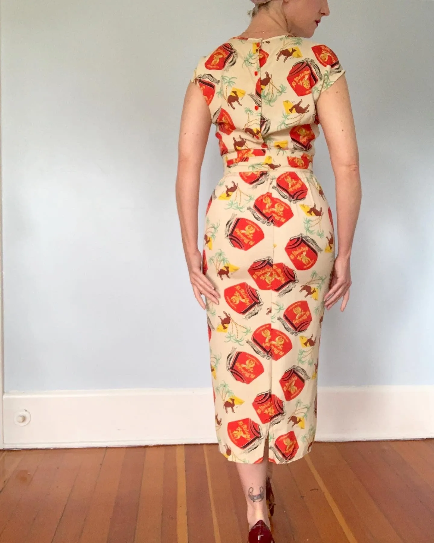 Custom Made 3 Piece Cocktail Ensemble in 1950s "Al Malaikah Temple of Los Angeles" Shriners Novelty Print Cold Rayon Fabric