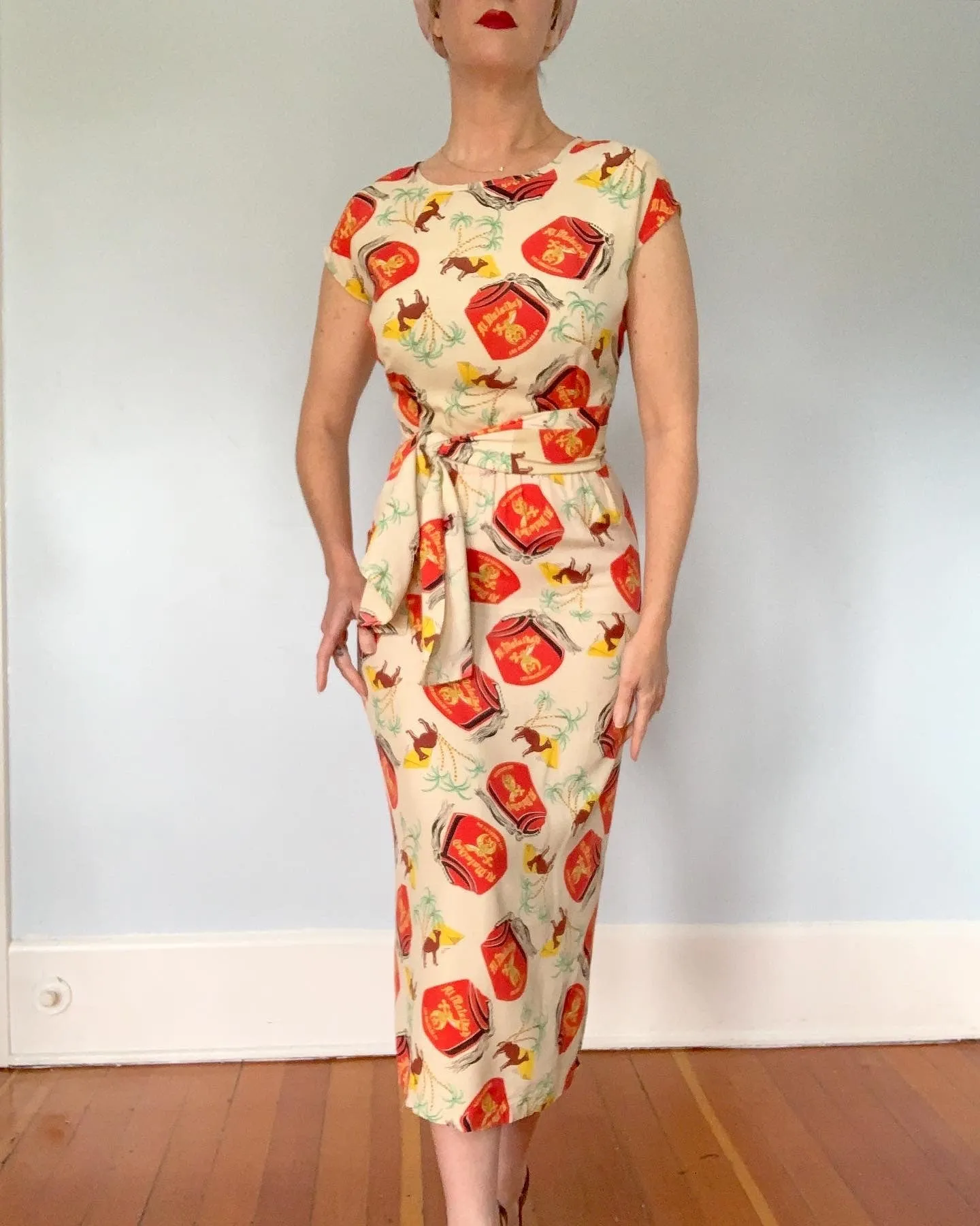 Custom Made 3 Piece Cocktail Ensemble in 1950s "Al Malaikah Temple of Los Angeles" Shriners Novelty Print Cold Rayon Fabric