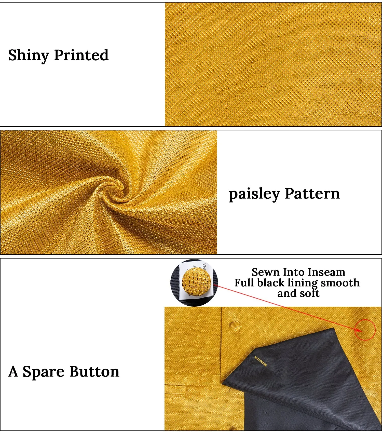 Goldenrod Yellow Solid Shiny Men's Vest Bowtie Hanky Cufflinks Set Waistcoat Suit Set