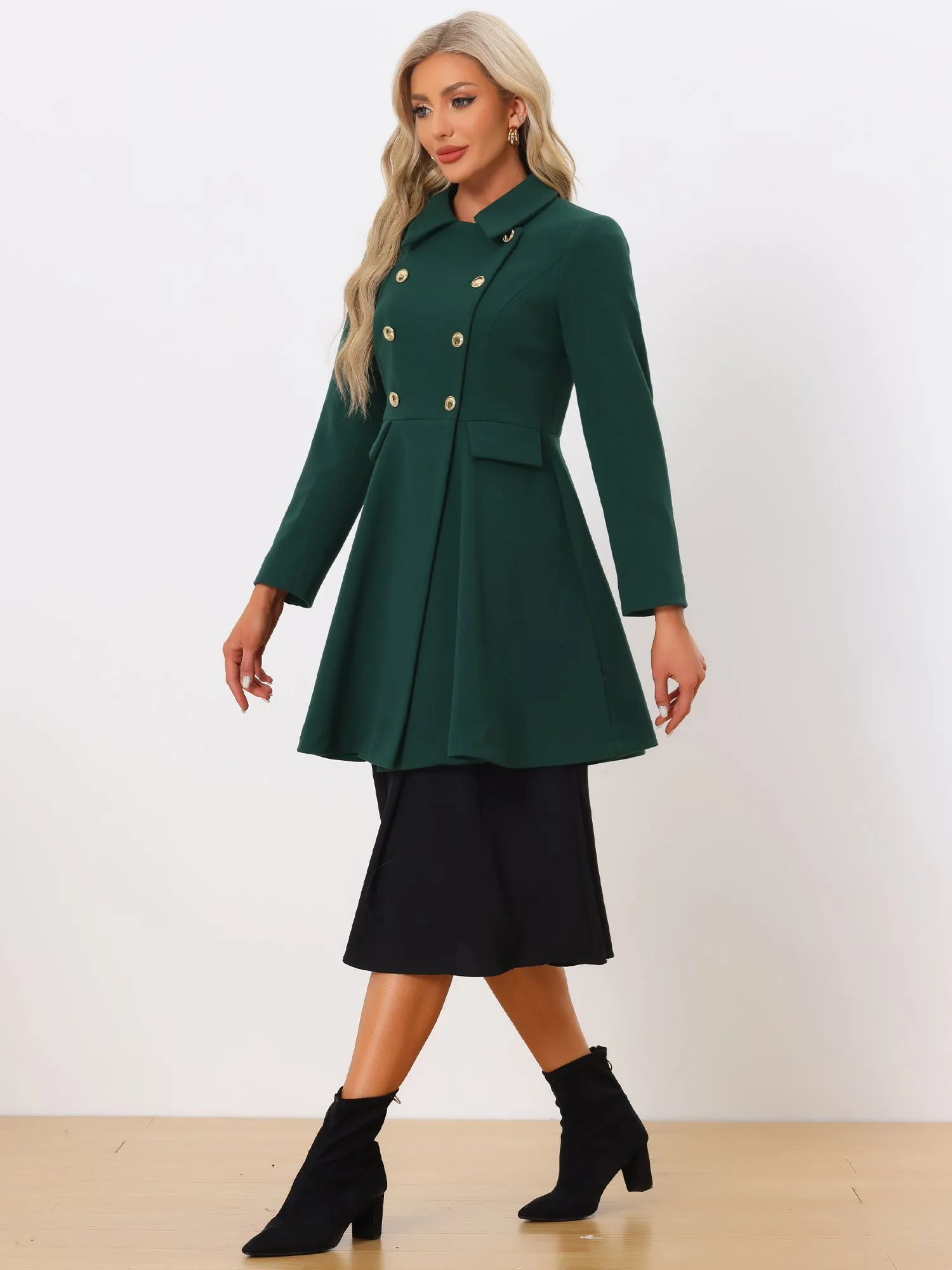 Lapel Pocket Flap Double Breasted Outwear Swing Winter Coat