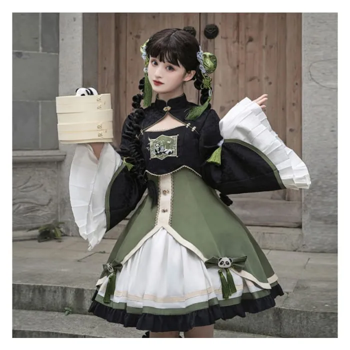 Lolita Flared-Sleeve Panda Embroidered Cropped Blouse / Two Tone Bow Pinafore Dress / Ruffle Leg Warmers / Set