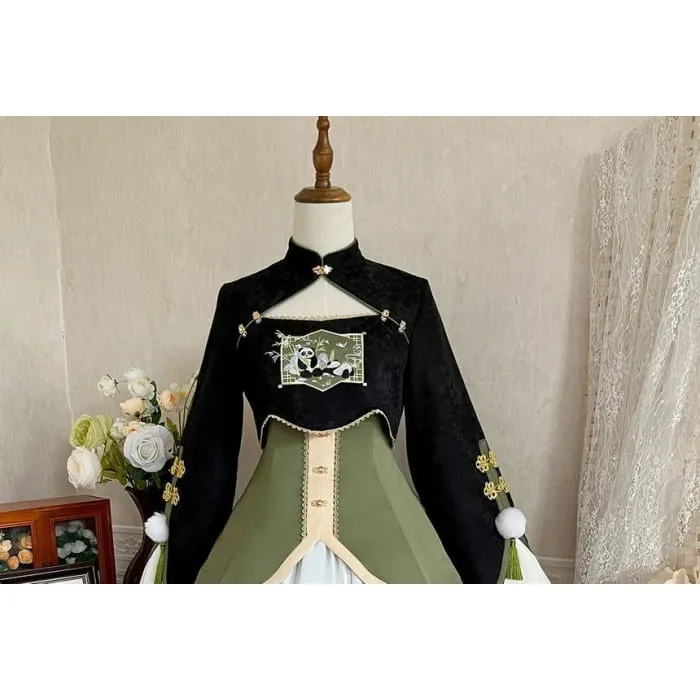 Lolita Flared-Sleeve Panda Embroidered Cropped Blouse / Two Tone Bow Pinafore Dress / Ruffle Leg Warmers / Set