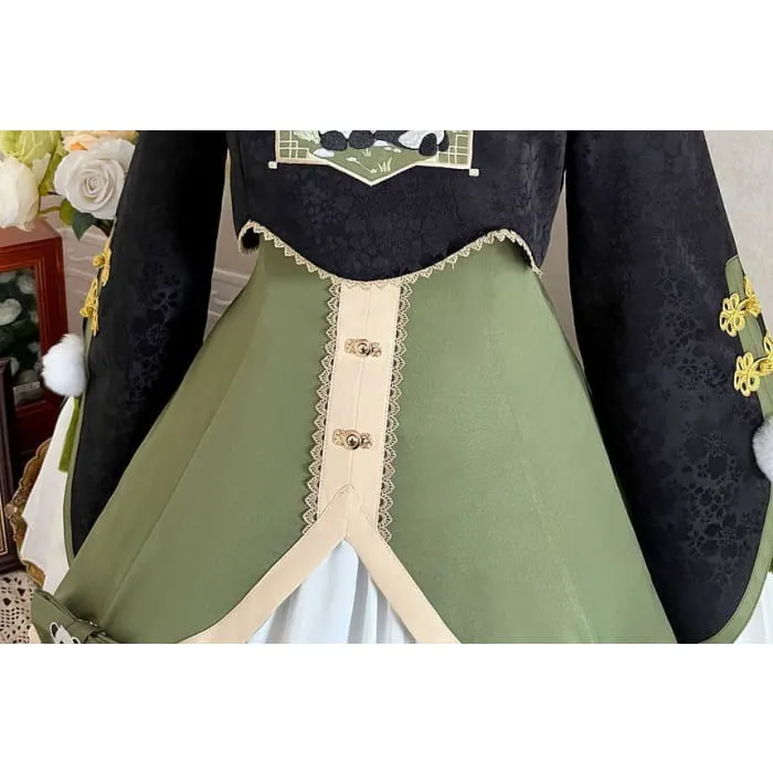 Lolita Flared-Sleeve Panda Embroidered Cropped Blouse / Two Tone Bow Pinafore Dress / Ruffle Leg Warmers / Set