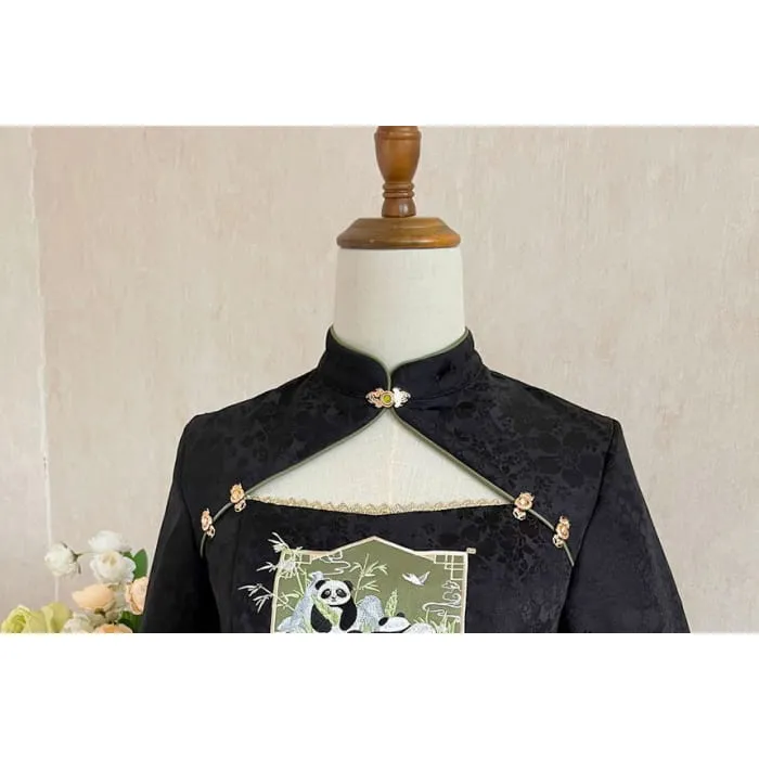 Lolita Flared-Sleeve Panda Embroidered Cropped Blouse / Two Tone Bow Pinafore Dress / Ruffle Leg Warmers / Set