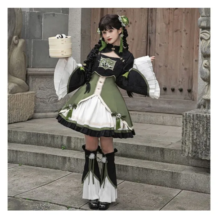Lolita Flared-Sleeve Panda Embroidered Cropped Blouse / Two Tone Bow Pinafore Dress / Ruffle Leg Warmers / Set