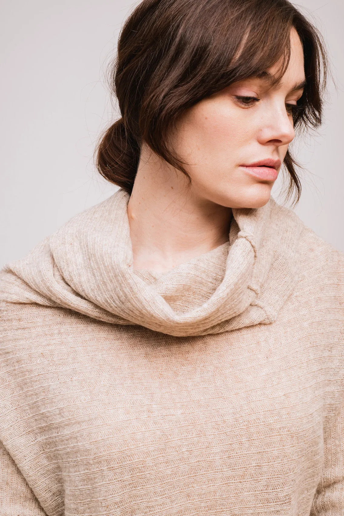 Long Ribbed Wool Polo Sweater , Nature