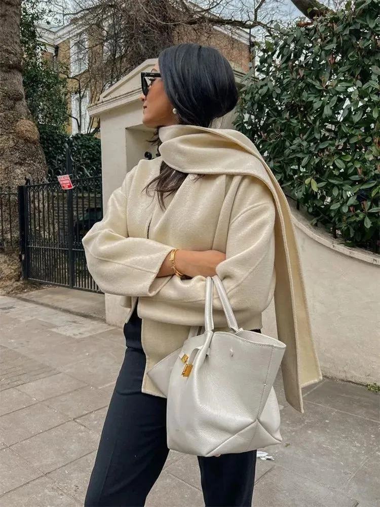 Mqtime Beige Woolen Scarf Collar Cropped OverCoat Women Loose Long Sleeve Cardigan Coat Autumn New Elegant Female Streetwears