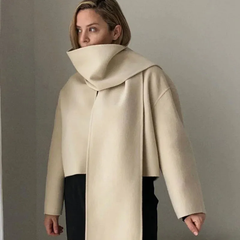 Mqtime Beige Woolen Scarf Collar Cropped OverCoat Women Loose Long Sleeve Cardigan Coat Autumn New Elegant Female Streetwears