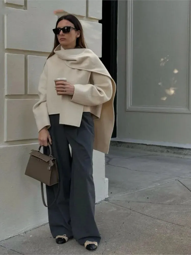Mqtime Beige Woolen Scarf Collar Cropped OverCoat Women Loose Long Sleeve Cardigan Coat Autumn New Elegant Female Streetwears