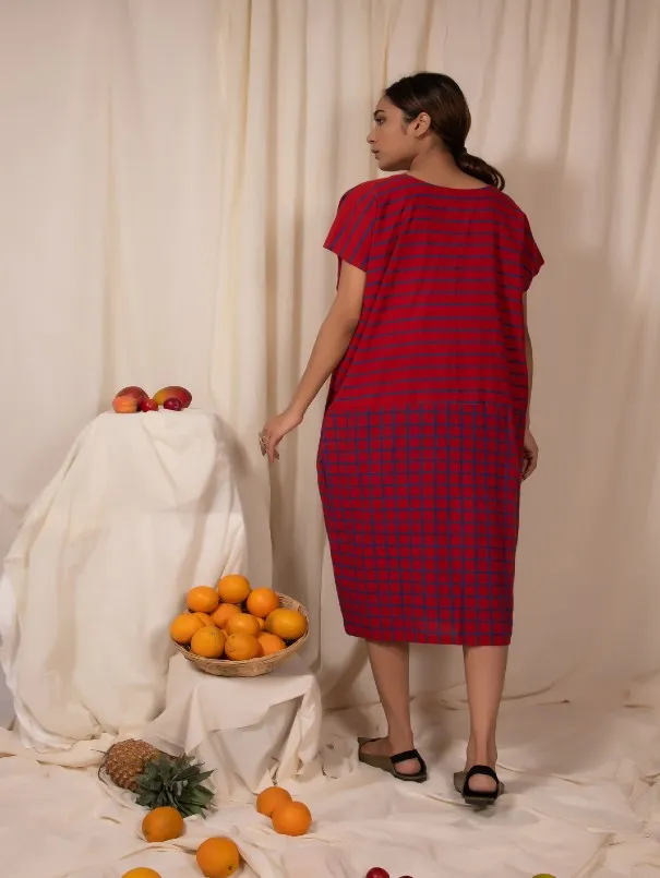 Red-Blue Stripe & Check Cotton Watermelon Baggy Tunic Dress