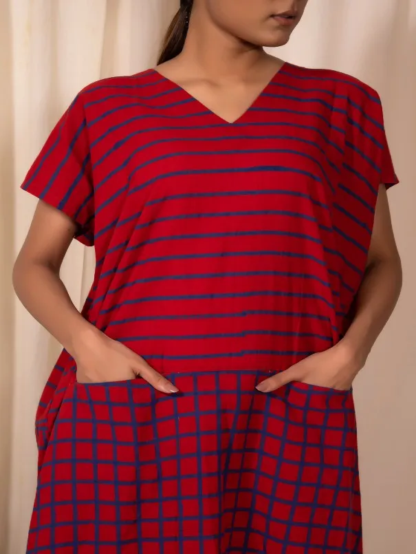 Red-Blue Stripe & Check Cotton Watermelon Baggy Tunic Dress