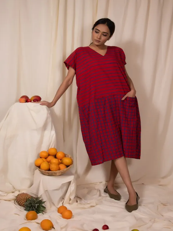 Red-Blue Stripe & Check Cotton Watermelon Baggy Tunic Dress