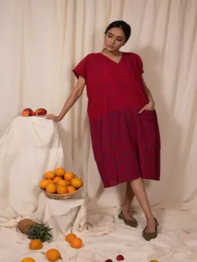 Red-Blue Stripe & Check Cotton Watermelon Baggy Tunic Dress