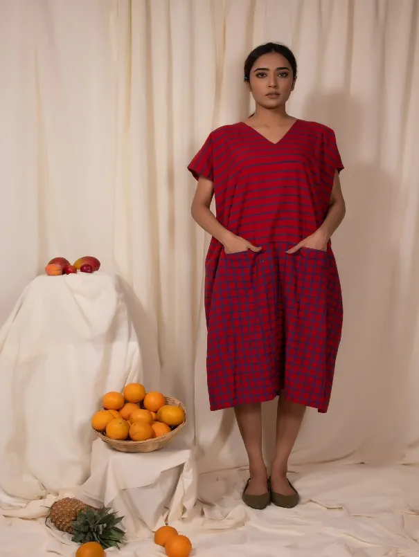 Red-Blue Stripe & Check Cotton Watermelon Baggy Tunic Dress