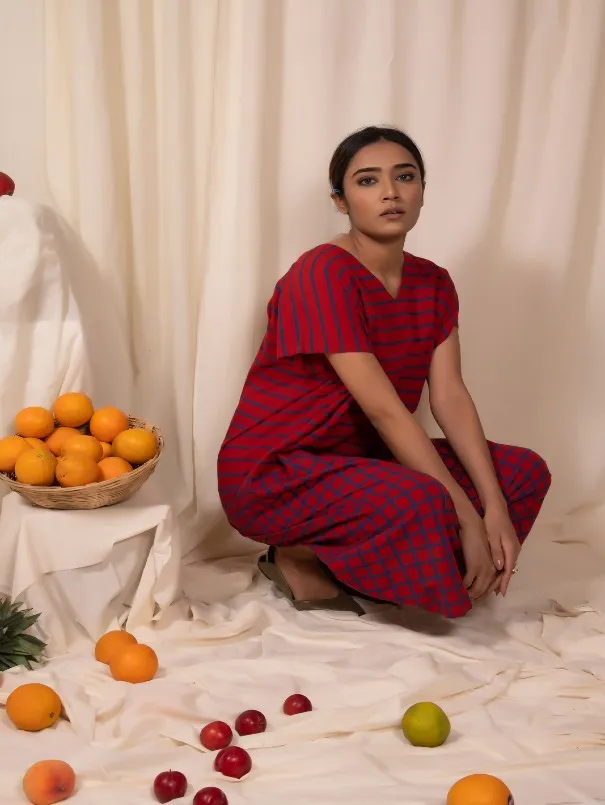 Red-Blue Stripe & Check Cotton Watermelon Baggy Tunic Dress