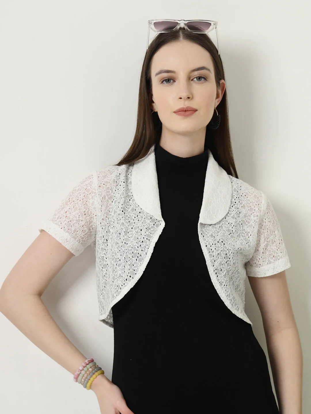 Style Quotient Women White Cotton Lace Open Front Crop Shrug
