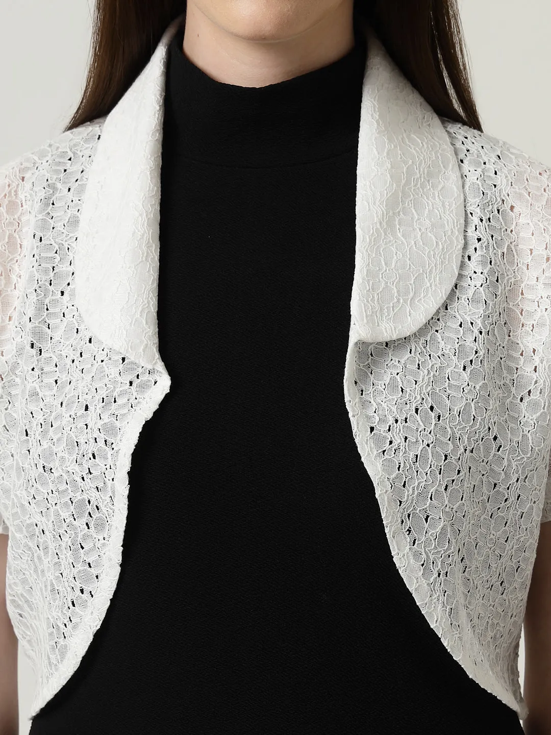 Style Quotient Women White Cotton Lace Open Front Crop Shrug