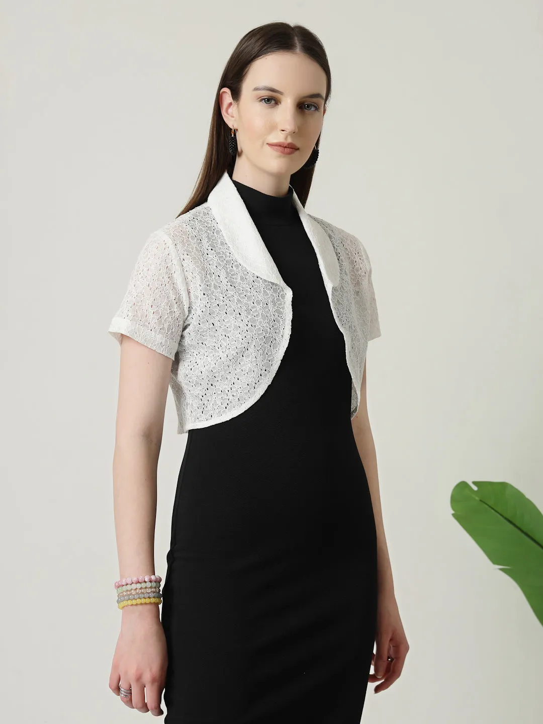 Style Quotient Women White Cotton Lace Open Front Crop Shrug