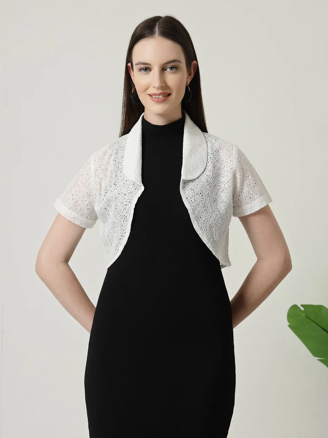 Style Quotient Women White Cotton Lace Open Front Crop Shrug