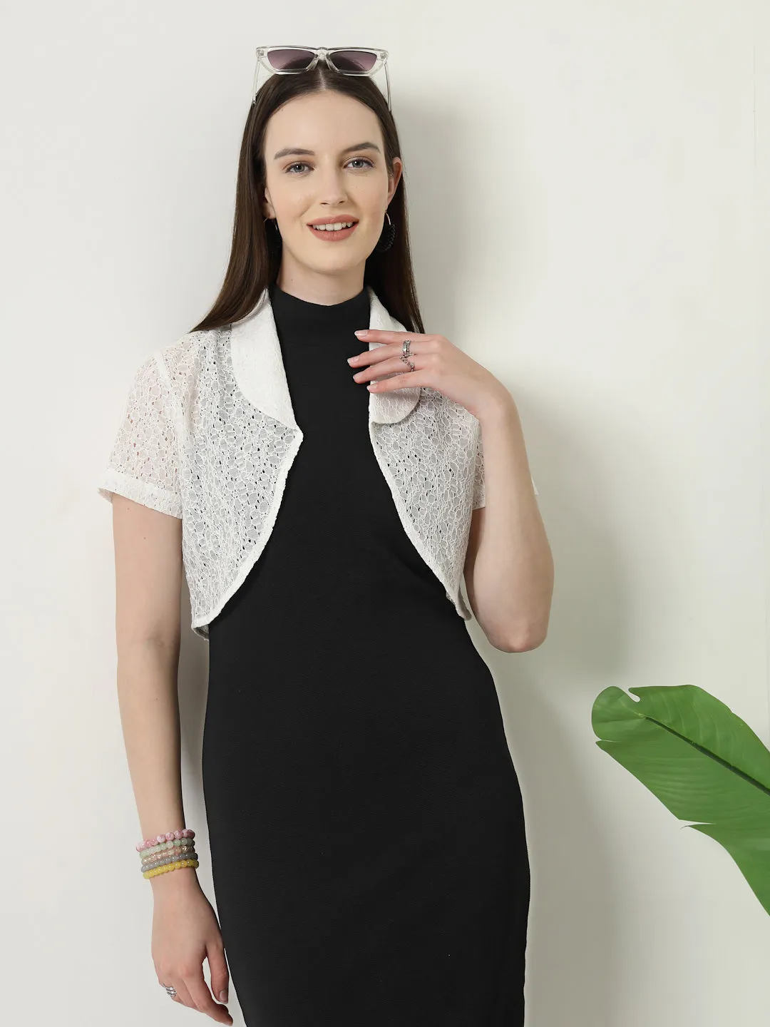 Style Quotient Women White Cotton Lace Open Front Crop Shrug