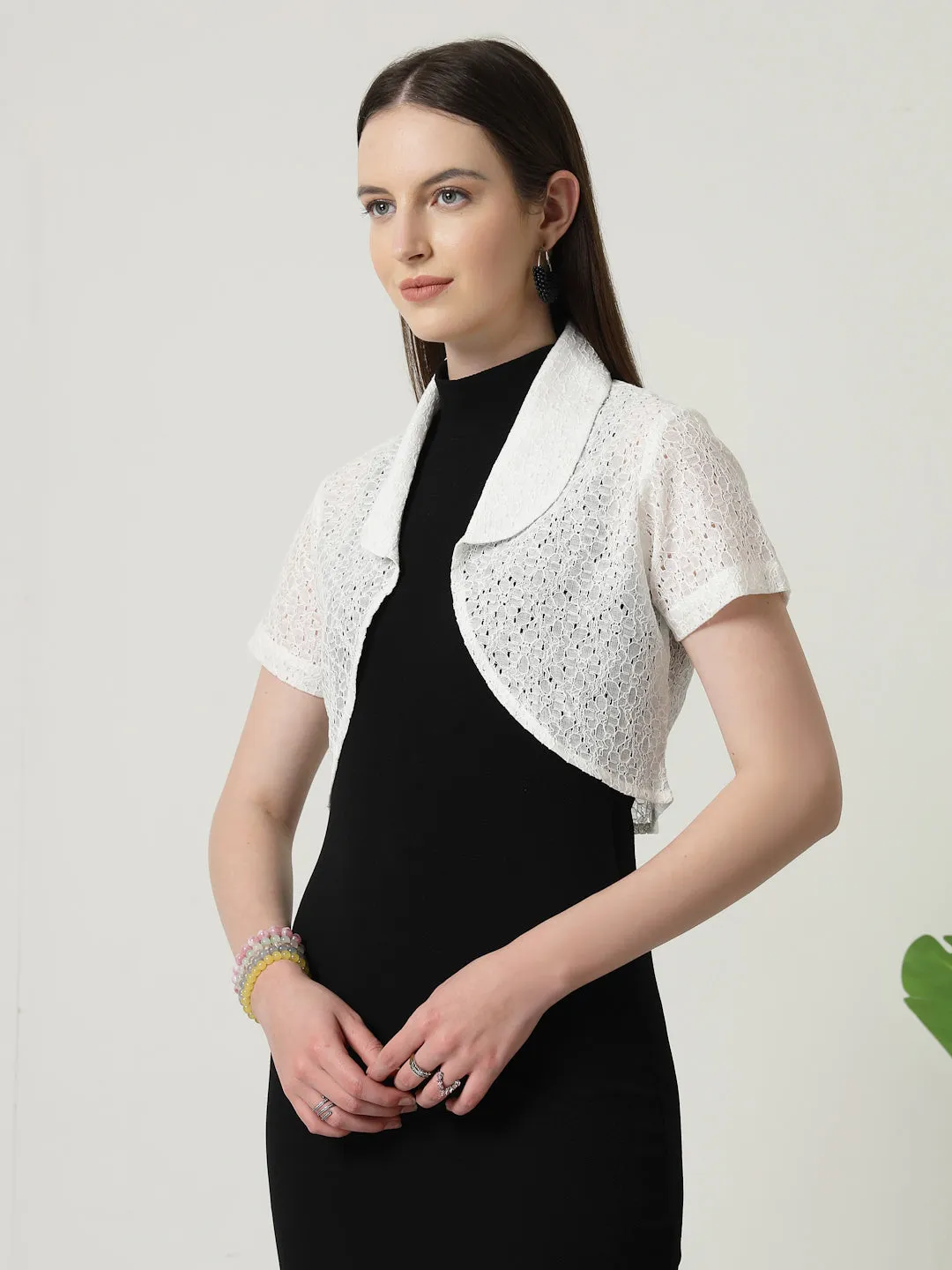 Style Quotient Women White Cotton Lace Open Front Crop Shrug
