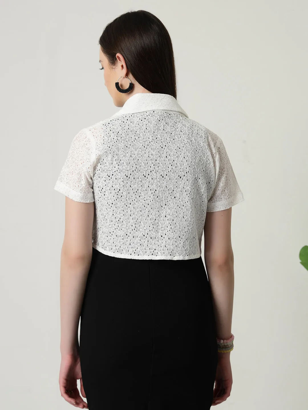 Style Quotient Women White Cotton Lace Open Front Crop Shrug